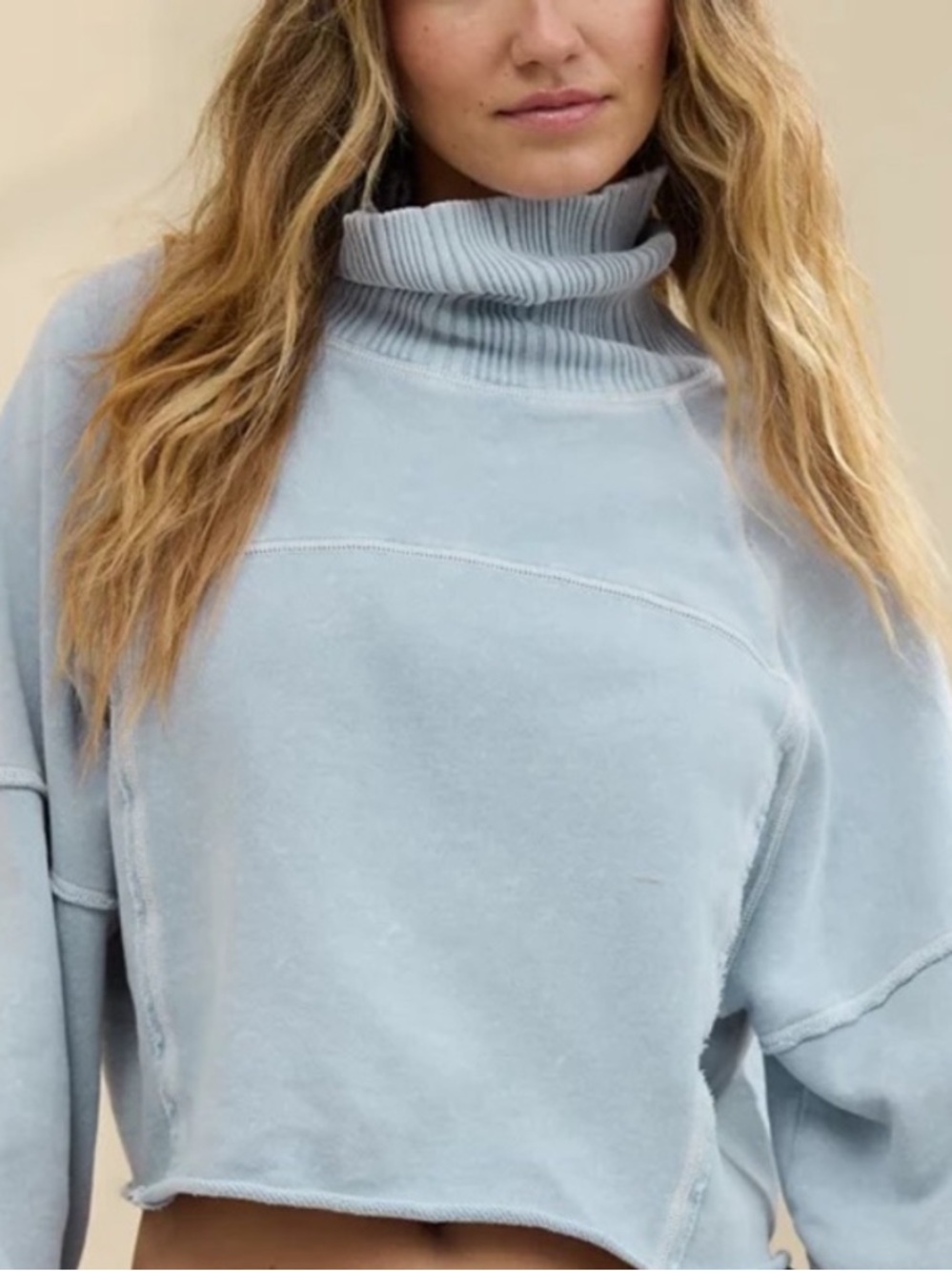 Aerie New Heights Turtleneck Cropped Pullover Sweatshirt Light Cloud Blue XS